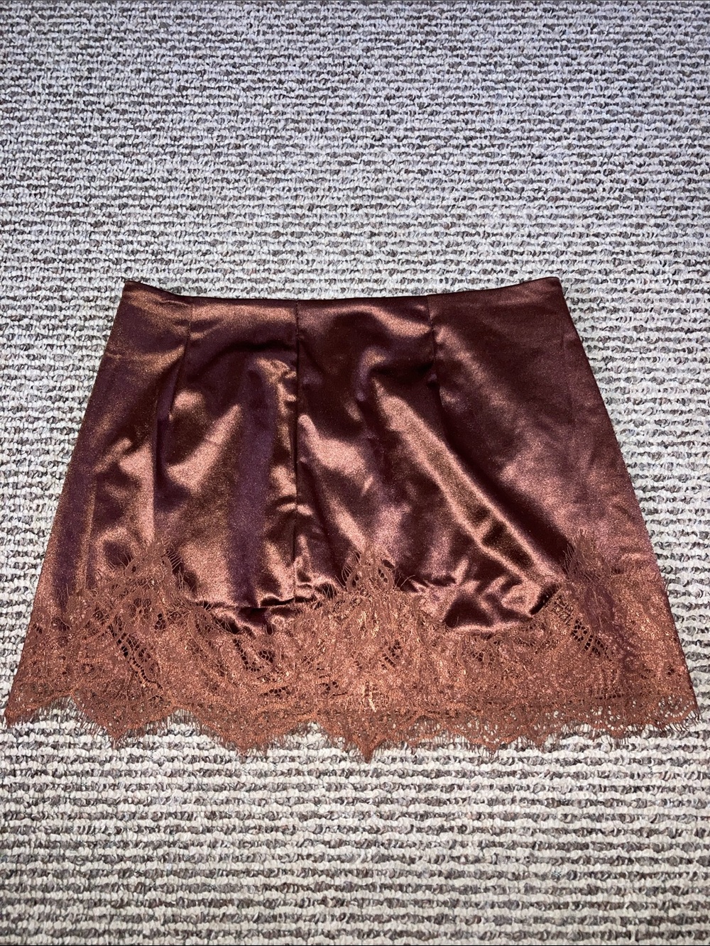 Satin Lace Trim Mini Skirt - Rust Brown